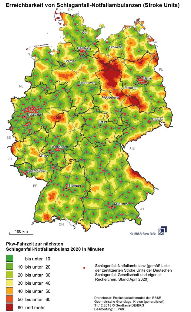 PKW-Fahrzeit zur nächsten Schlaganfall-Notfallambulanz